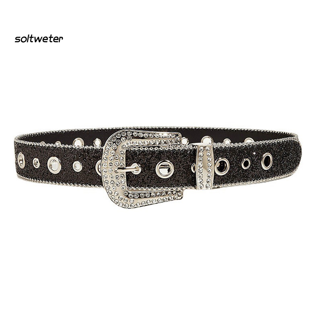 Thắt Lưng Giả Da Nhiều Lỗ Khóa Cài Đính Kim Sa Lấp Lánh Dễ Điều Chỉnh Thời Trang Cho Nữ