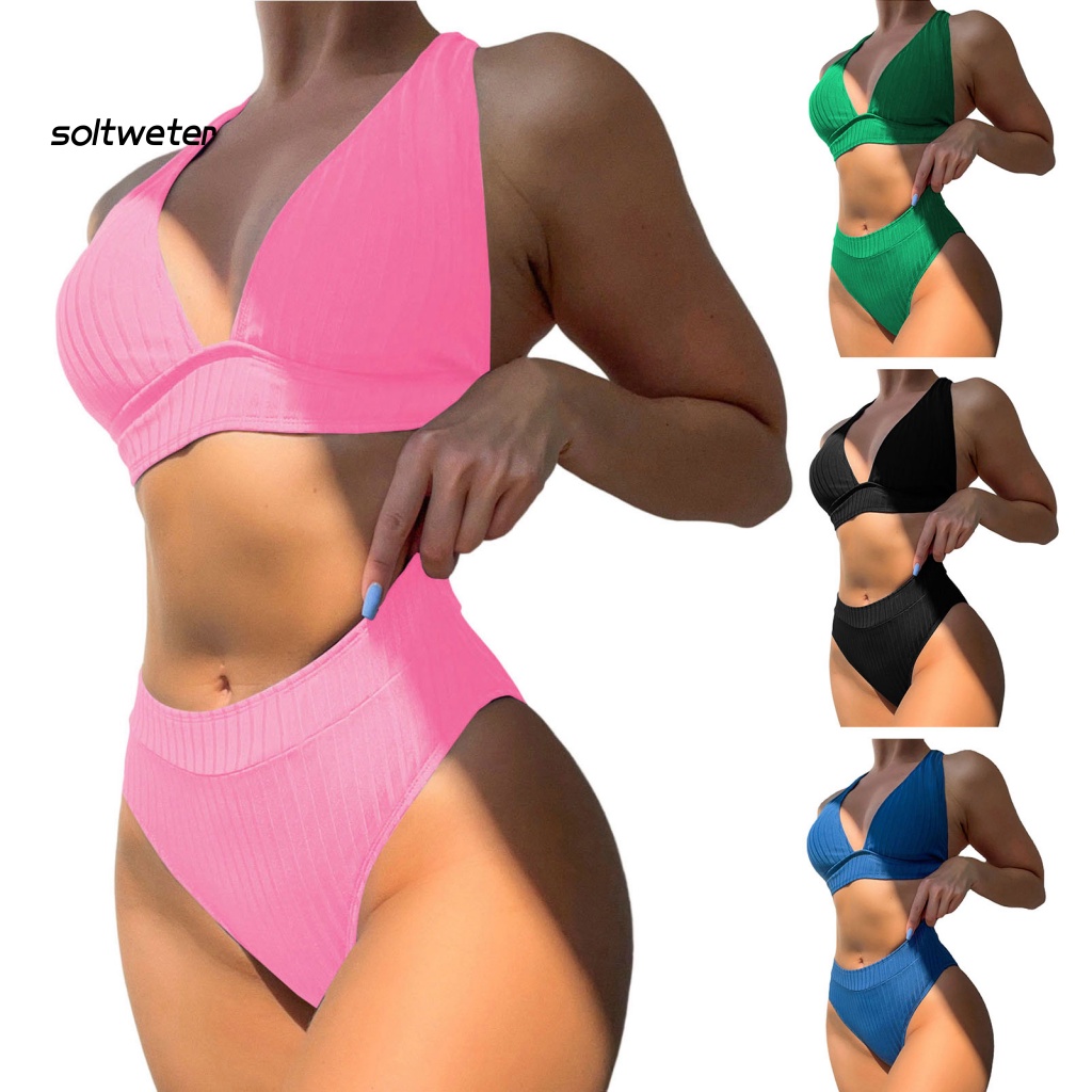 Bộ Bikini 2 Mảnh Màu Trơn Cổ V Sâu Lưng Cao Có Gân Và Quần Lót Gợi Cảm Cho Nữ