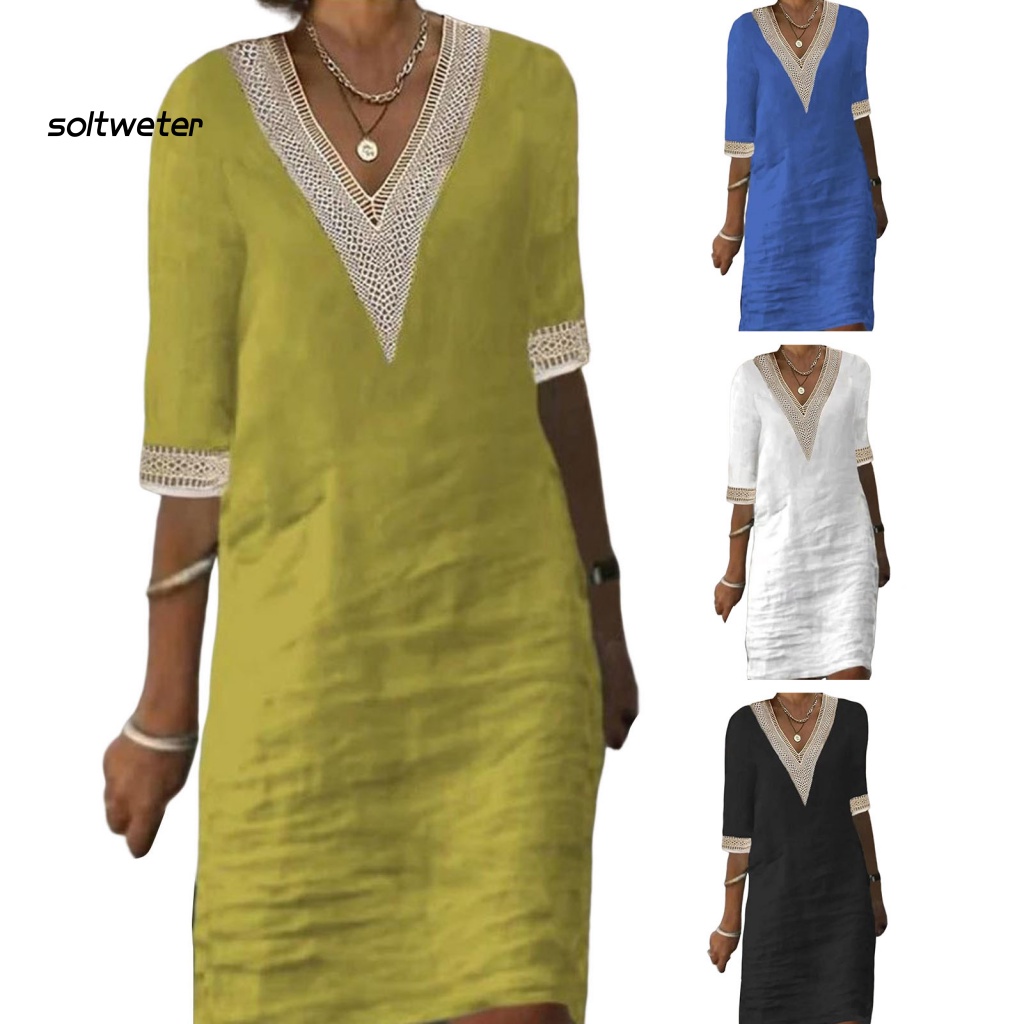 Đầm Tay Lỡ Cổ Chữ V Phối Ren Mỏng Thời Trang Đi Biển Thanh Lịch Cho Nữ