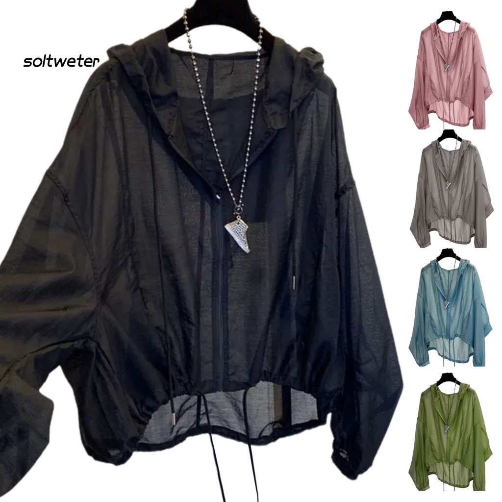 Áo Khoác Chống Nắng Mỏng Tay Dài Màu Trơn Phối Dây Rút Xuyên Thấu Thời Trang Cho Nữ