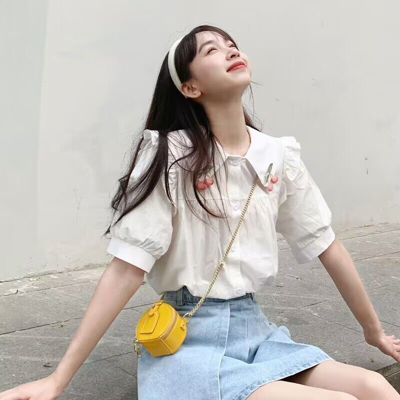 Áo Sơ Mi Tay Ngắn Dáng Rộng Cổ Búp Bê Thiết Kế Độc Đáo Thời Trang Cho Nữ