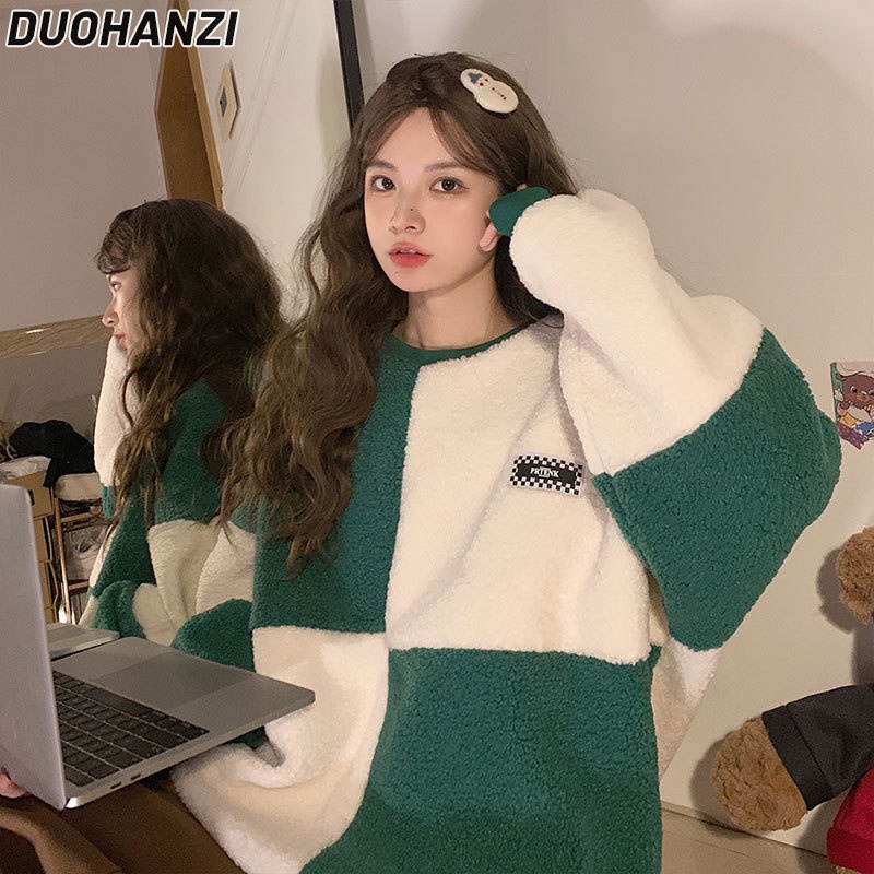 DUOHANZI  Áo sweater Nhung Lông Cừu Tay Dài Cổ Tròn Màu Khối Dày Dặn Phong Cách Hàn Quốc Dành Cho Nữ