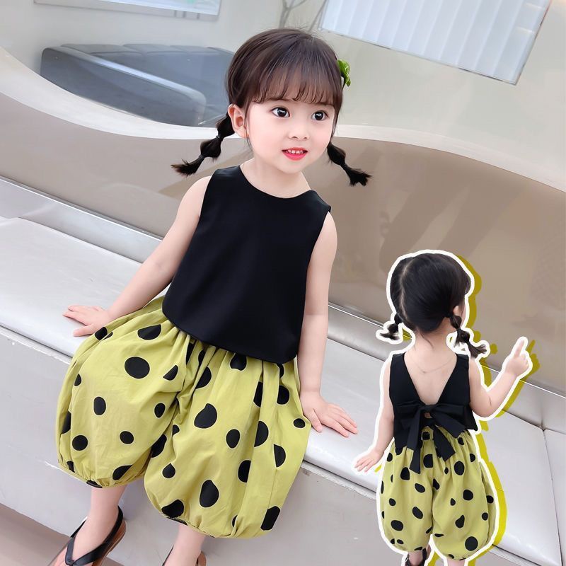 Hàng Mới Về Mới Set Áo Dây Chấm Bi + Áo Khoác Không Tay + Quần Short Thời Trang Mùa Hè Cho Bé Gái