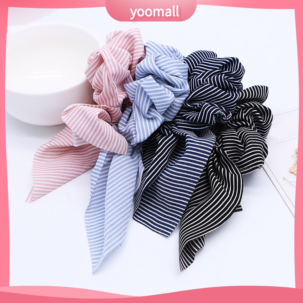 Dây Cột Tóc Co Giãn Đính Nơ Họa Tiết Kẻ Sọc Đơn Giản Cho Nữ