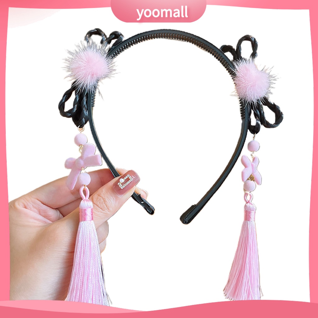 Băng Đô Nơ Đính Ngọc Trai Co Giãn Phối Bóng Lông Tua Rua Phong Cách Trung Hoa Mừng Năm Mới Cho Bé Gái