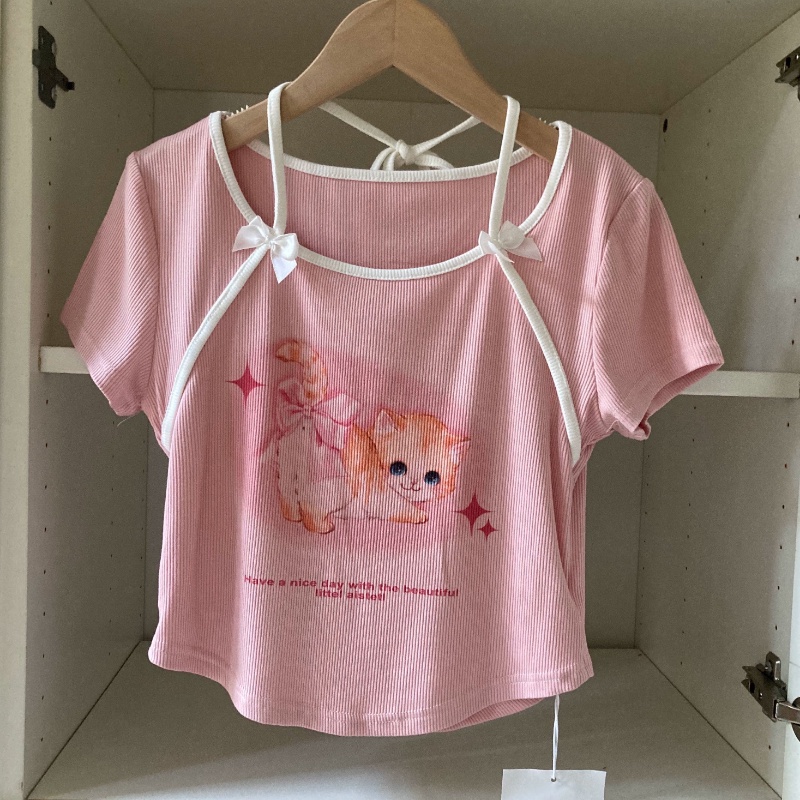 Áo Sơ Mi Ngắn Tay Thắt Nơ Họa Tiết Mèo Dopamine Đáng Yêu Cho Nữ