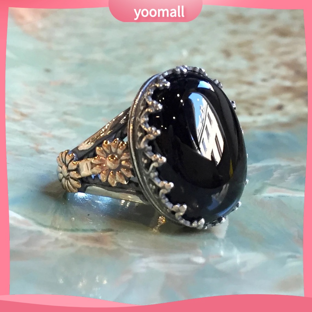 Nhẫn Unisex Bản Rộng Khắc Họa Tiết Hoa Đính Đá Nhân Tạo Phong Cách Rock