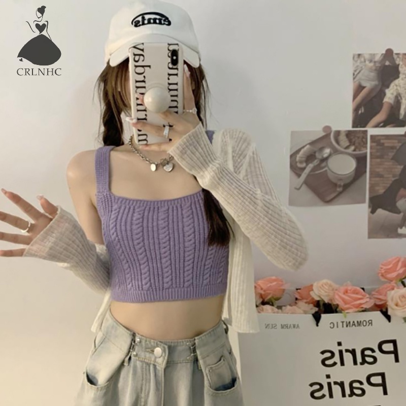 Áo Croptop Dệt Kim Không Tay Dáng Ôm Màu Kẹo Ngọt Thời Trang Mùa Hè Dành Cho Bạn Nữ