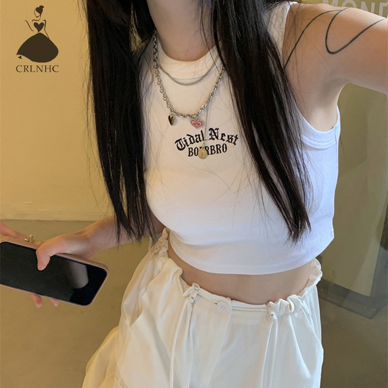 Áo croptop CRLNHC không tay cổ tròn thêu chữ thời trang mùa hè cho nữ