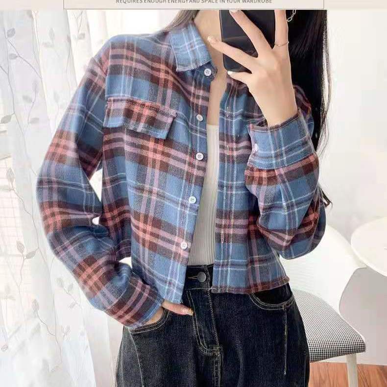 Áo Sơ Mi Dài Tay Họa Tiết Sọc Caro Thời Trang Theo Phong Cách Hồng Kông Cho Nữ