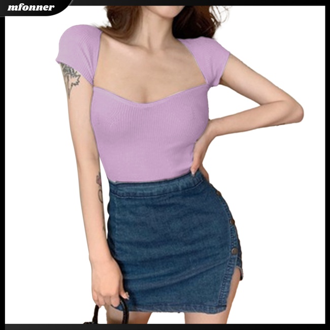 Áo Croptop Dệt Kim Tay Ngắn Cổ Vuông Màu Sắc Đơn Giản Cho Nữ