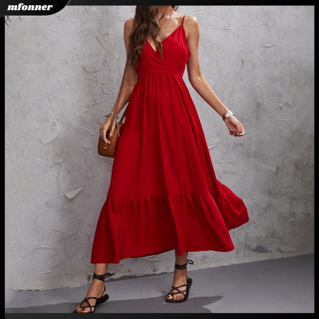 Đầm Dài Hai Dây Dáng Chữ A Lưng Cao Màu Sắc Đơn Giản Thời Trang Mùa Hè Cho Nữ