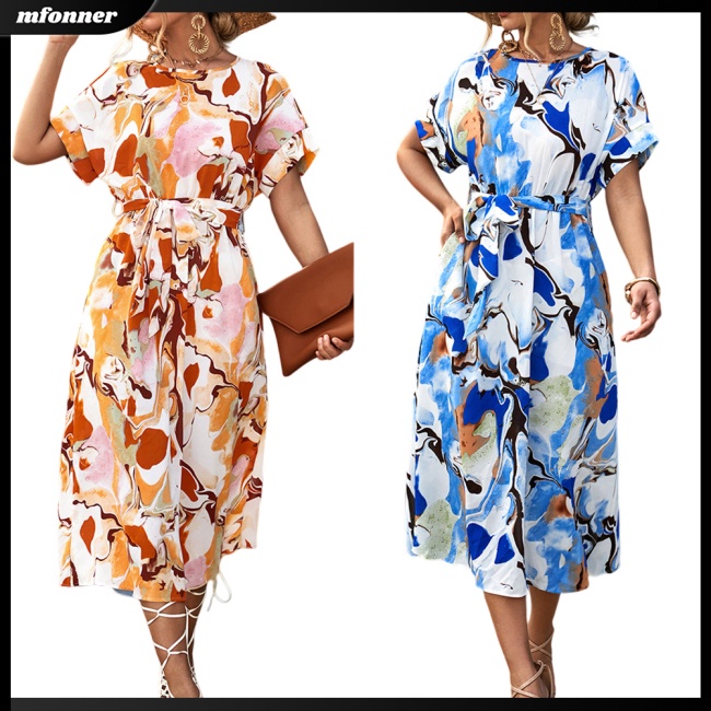 Đầm Dài Tay Ngắn Cổ Tròn Thắt Nơ Sau Lưng Họa Tiết Hoa Phong Cách Boho Cho Nữ