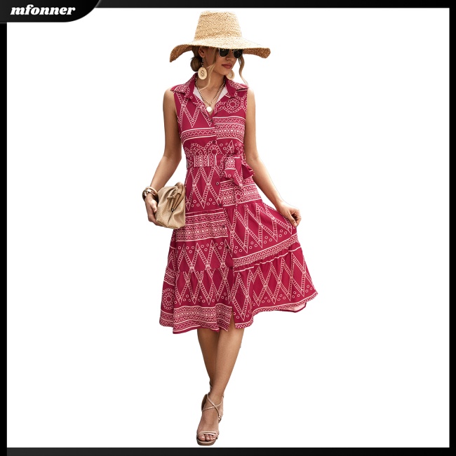 Đầm Dài Dáng Chữ A Sát Nách Cổ Bẻ Thoáng Khí In Họa Tiết Cổ Điển Thời Trang Mùa Hè Cho Nữ