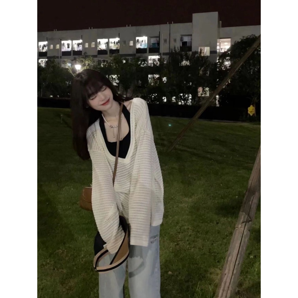 Áo Dệt Kim Chống Nắng Dáng Rộng Cổ Chữ V Khoét Rỗng Phong Cách Mới Cho Nữ