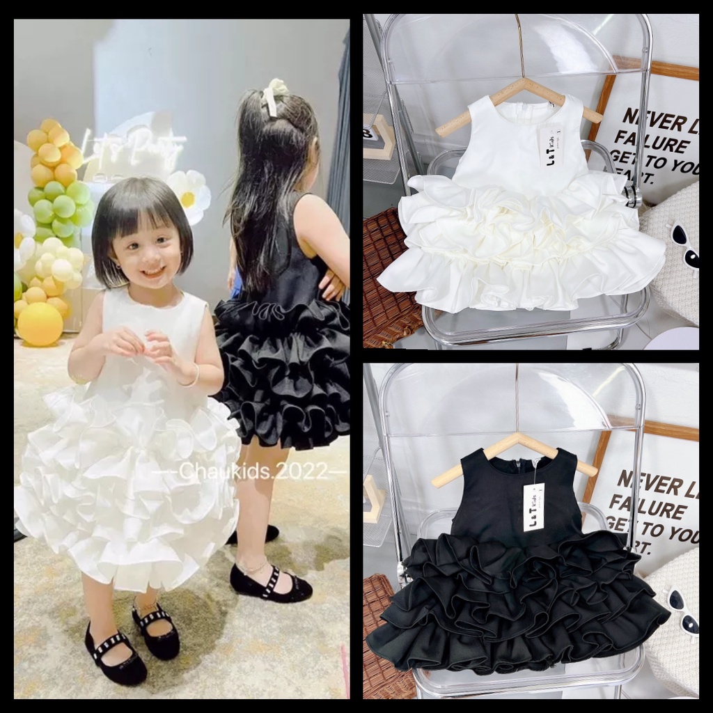 Váy Sát Nách Đen Trắng Bèo Nhiều Tầng Siêu Bồng Bềnh Dành Cho Bé Gái 8-19kg