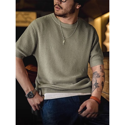 Áo Thun Lụa Lạnh Dệt Kim Tay Lửng Cổ Tròn Ba Chiều Phong Cách Retro Mỹ Giản Dị Dành Cho Nam