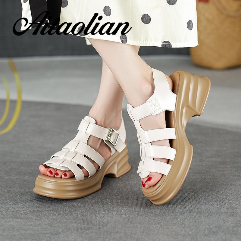 Xăng đan Da Thật 6cm Mũi Tròn Thời Trang Cho Nữ