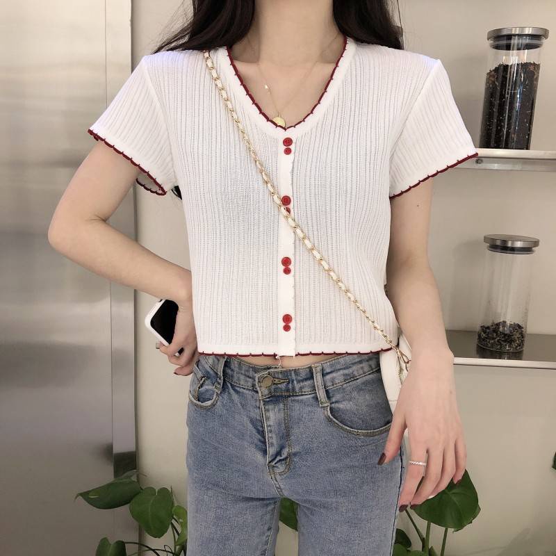 Summer v-neck short-sleeved white thin t-shirt áo len dệt kim ngắn slim sweet top women