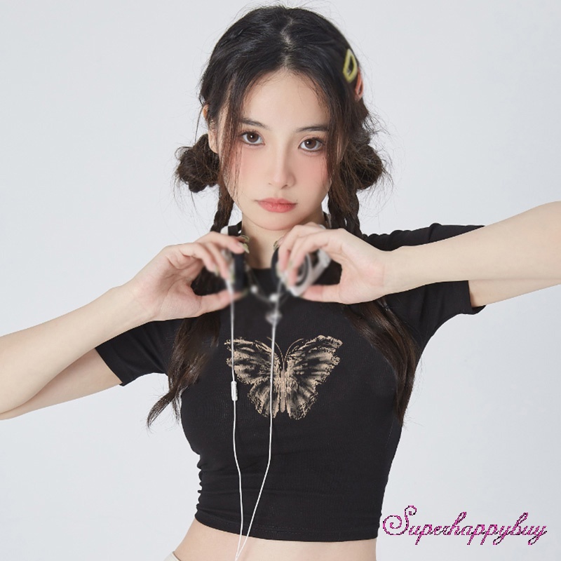 Áo Thun Ngắn Tay Cổ Tròn In Họa Tiết Bướm Và Chữ Thời Trang Mùa Hè Cho Nữ