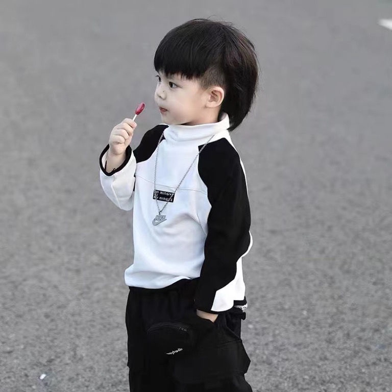 Hàng Có Sẵn Áo Thun Cổ Cao Mỏng Hai Màu Chặn Trước Và Sau Phong Cách Mới Mùa Thu Đông Dành Cho Bé Trai