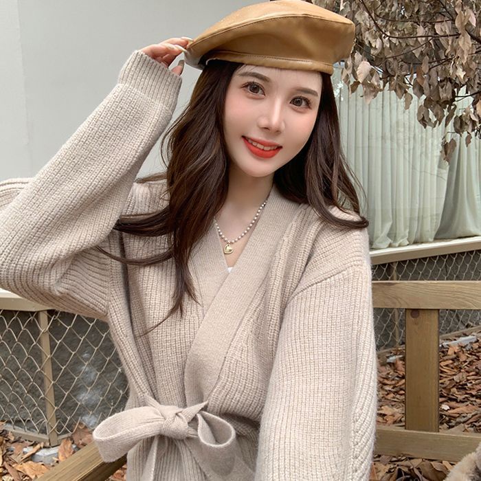 Áo Khoác Cardigan Dệt Kim Tay Dài Cổ Chữ V Phối Nơ Thiết Kế Mới Thời Trang Mùa Thu Dành Cho Nữ