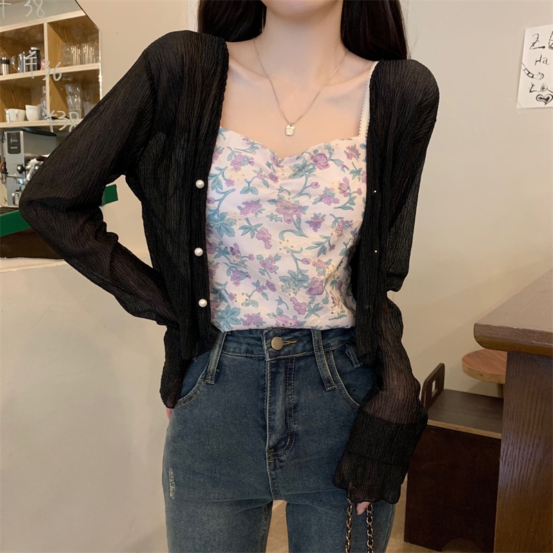 New 2023 summer french women's long-sleeved sunscreen chiffon cardigan shawl air-conditioned small cardigan beach sunscreen clothing