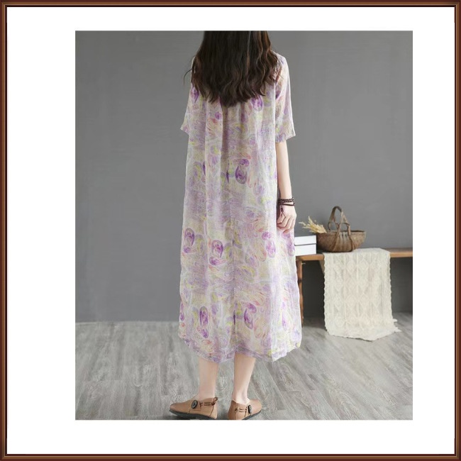 Đầm Midi Tay Ngắn Eo Cao In Họa Tiết Hoa Phong Cách Dân Tộc Cổ Điển Thời Trang Mùa Hè Cho Nữ