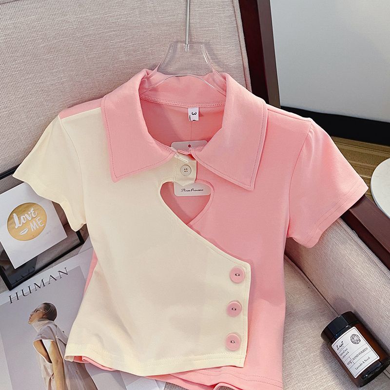 Girls polo collar shirt hollow stitching short sleeve heart t-shirt baby short top phiên bản hàn quốc mùa hè