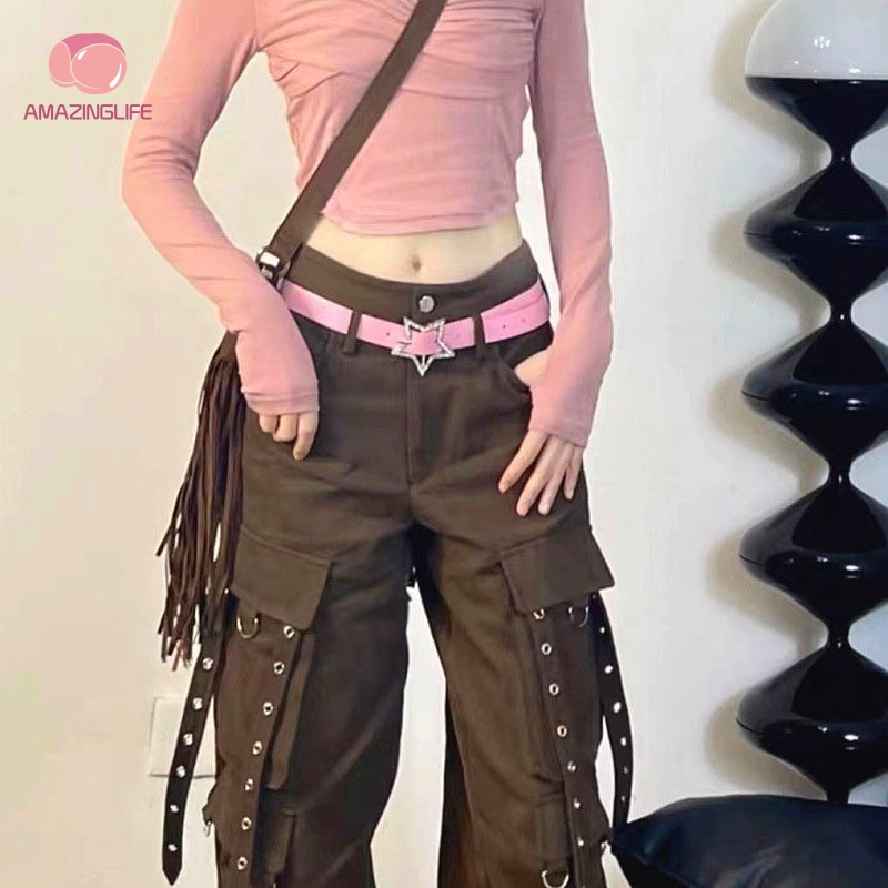 Thắt Lưng Da PU Màu Hồng Đính Đá Hình Ngôi Sao Năm Cánh Thời Trang Có Thể Điều Chỉnh