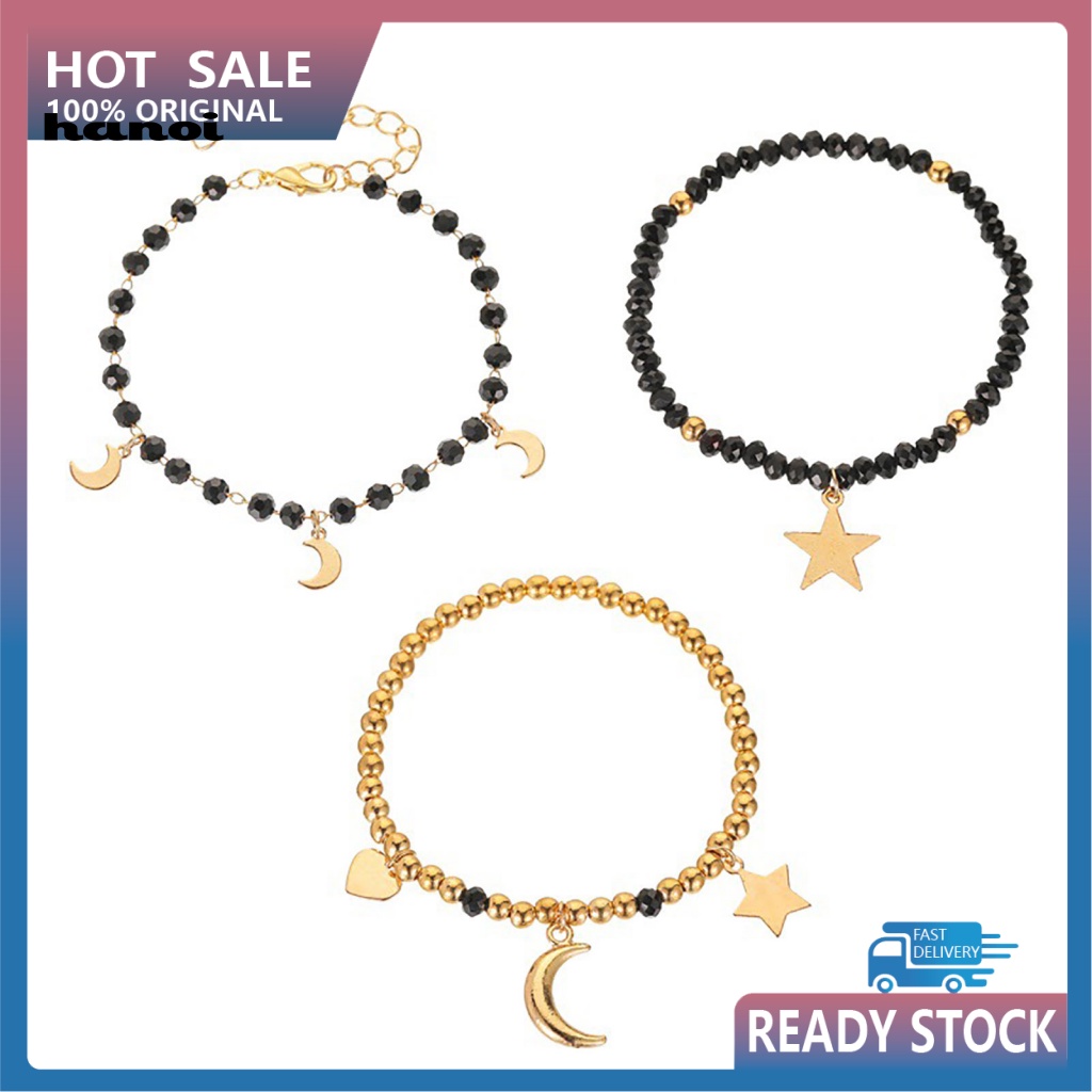 Set 3 Vòng Tay Hạt Nhựa Màu Đen Đính Mặt Trăng Và Ngôi Sao Thời Trang Cho Nữ