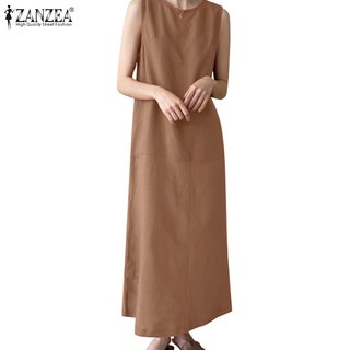Zanzea Đầm Chữ H Không Tay Cổ Tròn Màu Trơn Thời Trang Cho Nữ