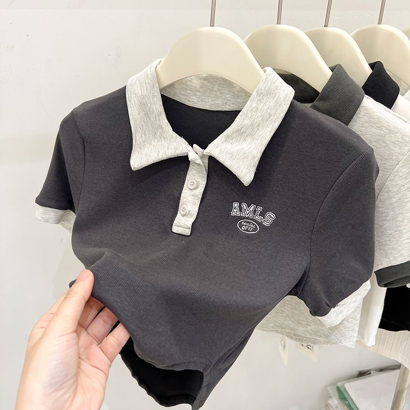 Áo Thun polo Ngắn Tay Màu Sắc Trơn Phong Cách Hàn Quốc Thời Trang Mùa Hè Cho Bé Gái