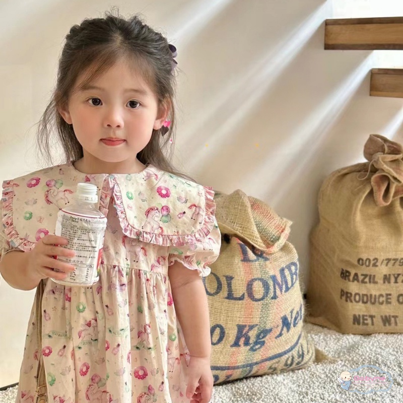 Đầm Công Chúa Tay Ngắn Cổ Búp Bê In Hoa Dễ Thương Thoải Mái Cho Bé Gái