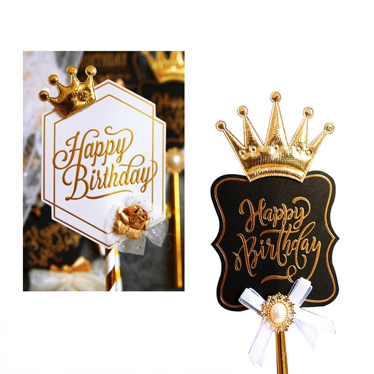 Que Cắm Trang Trí Bánh Kem Chữ Happy Birthday Hình Vương Miện Màu Vàng Đồng Phong Cách Châu Âu