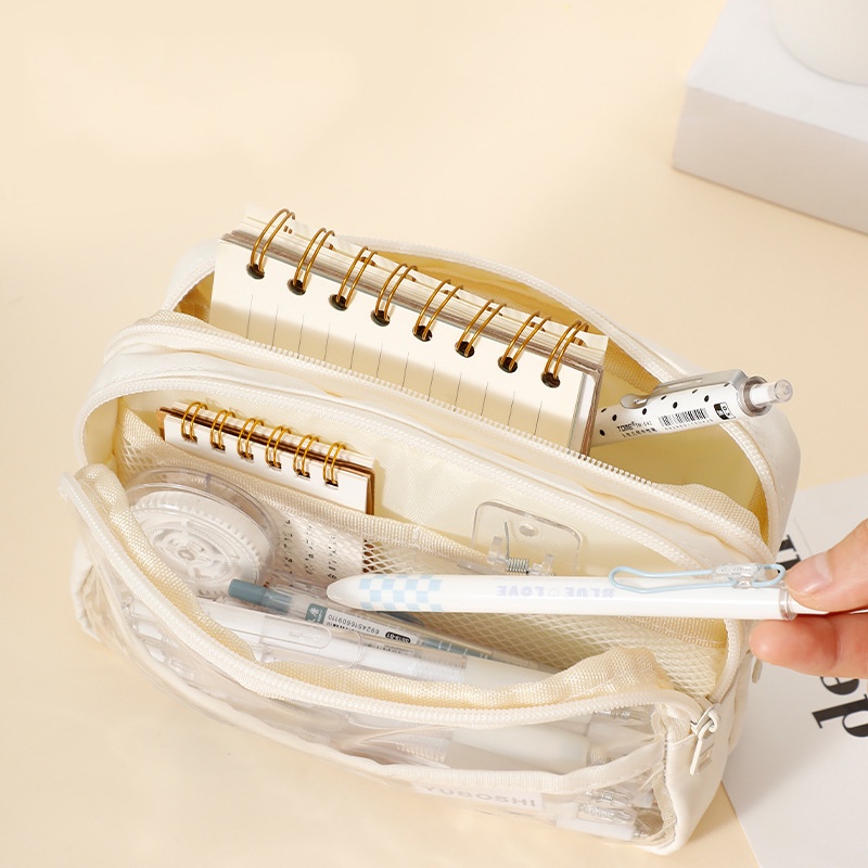 Túi Đựng Bút 3 Ngăn Trong Suốt Có Khóa Kéo Sức Chứa Lớn Họa Tiết Thiên Thần Dễ Thương