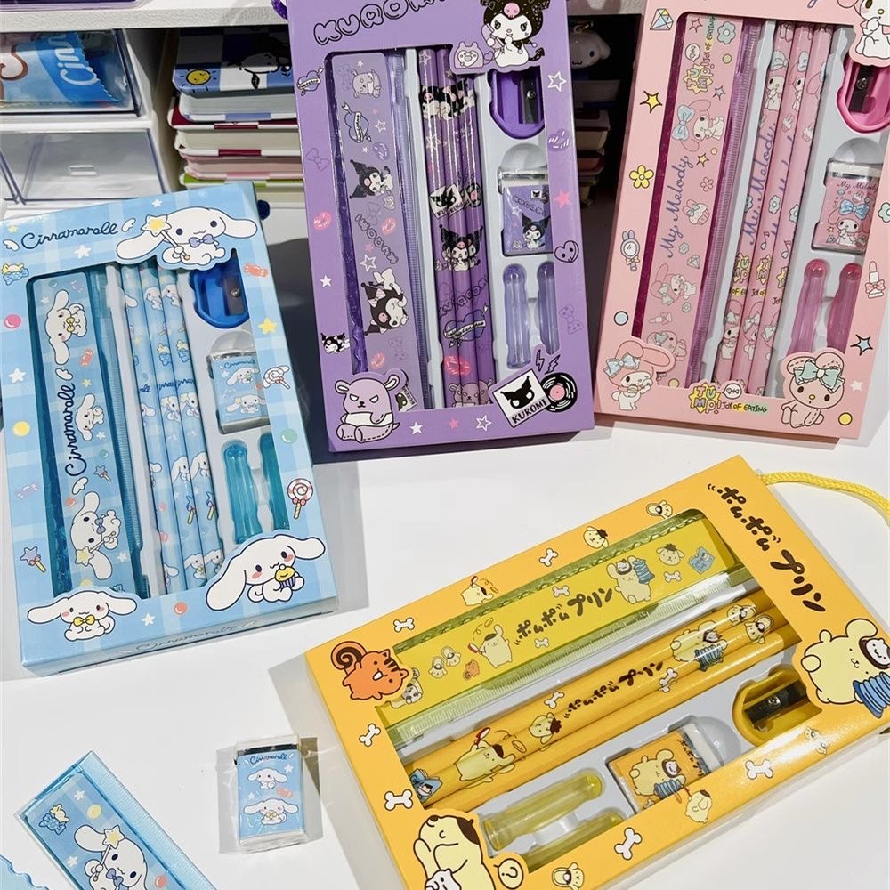 Bộ 8 Dụng Cụ Tẩy Bút Chì / Thước Kẻ Hình Sanrio Kuromi Melody / Hello Kitty / Cinnamon Dog / Pudin Cho Bé