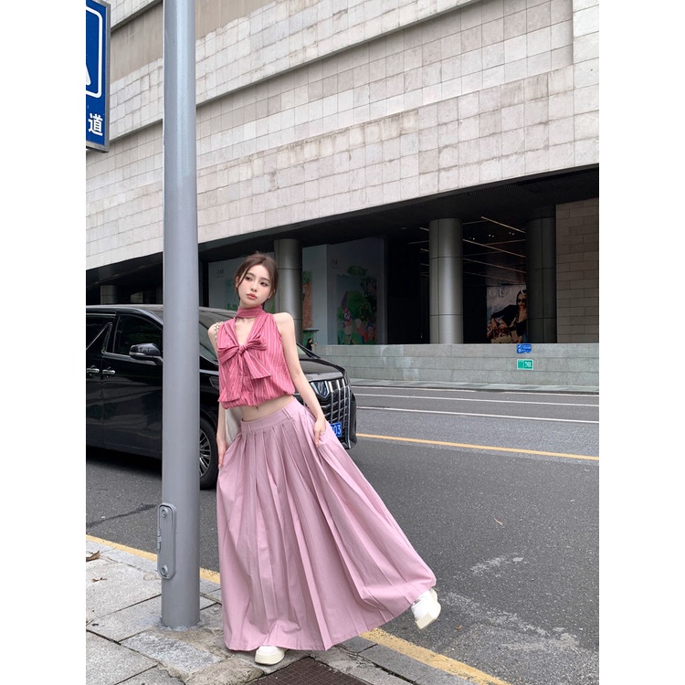 IMAODOU Áo Sơ Mi Ngắn Không Tay + Chân Váy Xếp Ly Lưng Thấp Thời Trang Hàn Quốc Cho Nữ