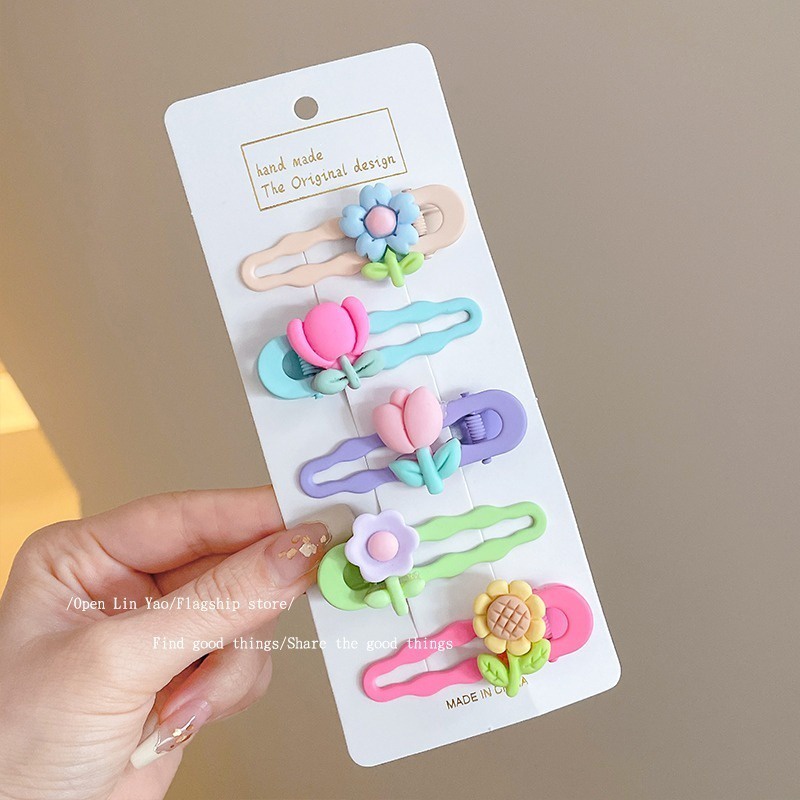 Kẹp Tóc Mái Bằng Nhựa Màu Kẹo Họa Tiết Hoa Dễ Thương Cho Bé Gái