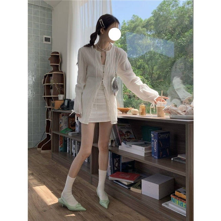 Bộ Áo Sơ Mi Tay Dài Dáng Ôm + Chân Váy Ngắn Lưng Cao Thời Trang Mùa Hè Xinh Xắn Cho Nữ