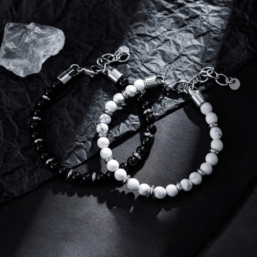 Vòng tay nam nữ chuỗi hạt đá bản đồ 6mm PER Merin Accessories lắc tay nam hạt ngọc màu đen trắng - Vòng Tay Per