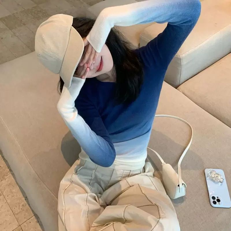 Plus Áo Thun Dài Tay Màu gradient Xanh Thời Trang Mùa Xuân Cho Nữ