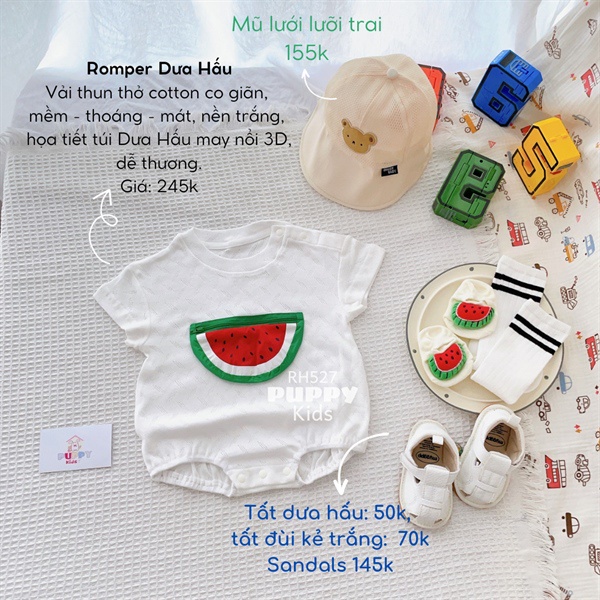 (RH527) (5-12kg) Áo liền quần dành cho em bé (Puppy Kids) Romper Dưa Hấu, nền trắng, họa tiết túi Dưa Hấu may nổi 3D.