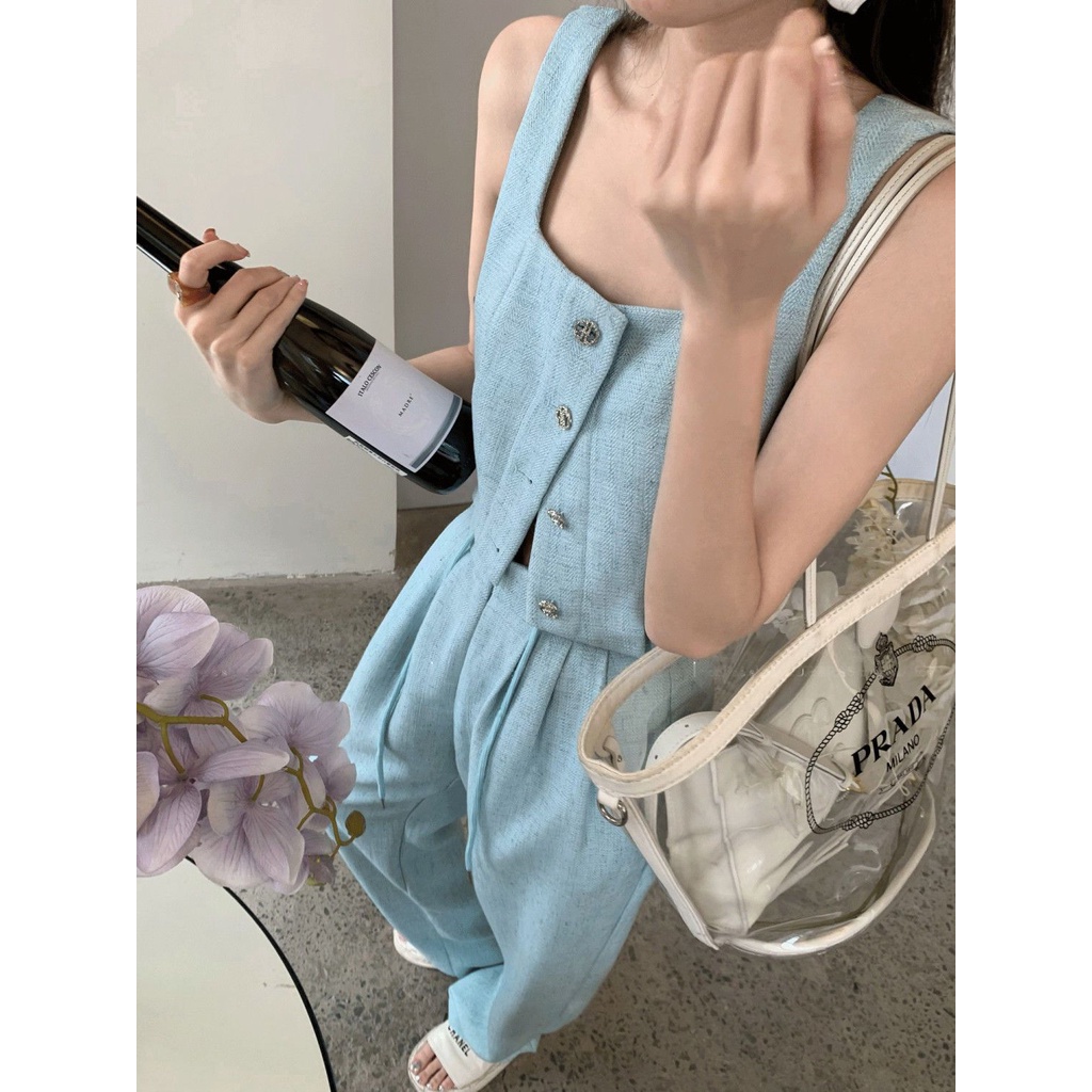 Thiết kế khí chất niche vest vest cạp cao quần hai mảnh phù hợp với phụ nữ mùa hè 2023 phong cách mới