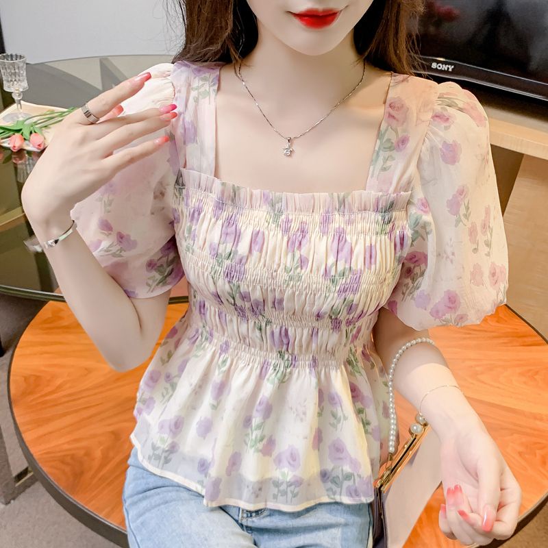 Áo sơ mi nữ hoa cổ vuông kiểu pháp mùa hè với tay áo bong bóng tay ngắn và thời trang eo thon