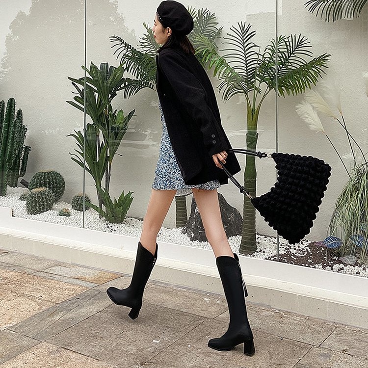 Giày Bốt Cao Gót Da PU Mũi Vuông Thoáng Khí Thời Trang Thu Đông Cho Nữ