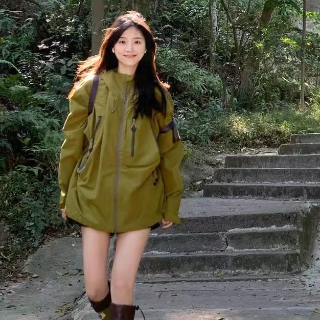 Pan green storm jacket của phụ nữ mùa xuân & mùa thu ngoài trời cắm trại không thấm nước bộ đồ leo núi cặp đôi áo khoác có mũ trùm đầu lỏng