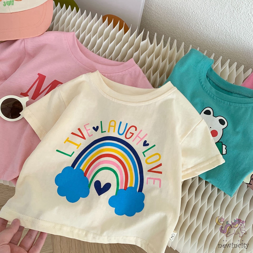 Trẻ em hàn quốc cô gái phim hoạt hình cầu vồng in áo t-shirt ngắn tay