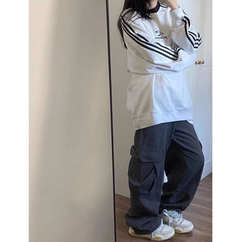 Áo Sweater dài tay sọc bên cổ tròn rộng rãi dễ phối đồ thời trang đường phố phong cách Hàn Quốc mùa thu cho nữ