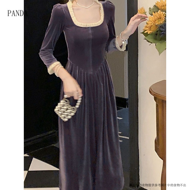 PANDA7.30Đầm Nữ Dài Tay Chất Nhung Màu Tím Phong Cách Retro váy nữ chân váy